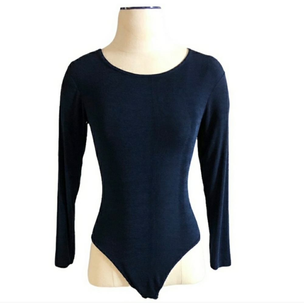 SARAH RICHARDS Navy Sheer Knit Bodysuit Size LargeV.   EUC!